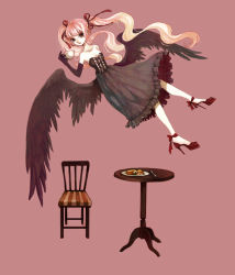 Rule 34 | 1girl, arm behind back, bare shoulders, black gloves, black skirt, black wings, blonde hair, bow, brown background, chair, clona, commentary request, corset, cup, elbow gloves, expressionless, feathered wings, floating, floating hair, fork, frilled skirt, frills, full body, gloves, hair ribbon, holding, long hair, magenta background, red footwear, ribbon, shoes, simple background, skirt, sleeveless, solo, table, teacup, twintails, very long hair, wings