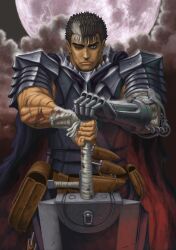 Rule 34 | 1boy, arm wrap, armor, bandaged arm, bandages, berserk, black hair, blood, blood on arm, breastplate, cape, cloud, cloudy sky, cuirass, dragonslayer (sword), greatsword, guts (berserk), hand wraps, holding, holding sword, holding weapon, huge weapon, knife sheath, leather, looking at viewer, moon, moonlight, muscular, muscular male, non-web source, official art, one eye closed, plate armor, pouch, prosthesis, prosthetic arm, scar, scar on arm, scar on face, scar on nose, sheath, short hair, shoulder armor, sky, solo, spiked hair, sword, textless version, weapon