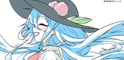 Rule 34 | 1girl, absurdres, black hat, blue hair, commentary request, hat, highres, hinanawi tenshi, one-hour drawing challenge, open mouth, simple background, solo, tagme, touhou, ve1024, watermark, white background