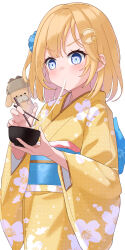 Rule 34 | 1girl, blonde hair, blue eyes, blue hairband, bob cut, bowl, bubba (watson amelia), chopsticks, commentary, food, food in mouth, fumyu, hair ornament, hairband, highres, holding, holding bowl, holding chopsticks, hololive, hololive english, japanese clothes, kimono, light blush, looking at food, mochi, new year, short hair, simple background, solo, standing, translated, virtual youtuber, watson amelia, white background, yellow kimono