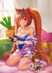 Rule 34 | 1girl, agnes tachyon (umamusume), bad id, bad pixiv id, bare shoulders, blush, breasts, brown hair, camisole, carrot-shaped pillow, character doll, cleavage, collarbone, commentary, curtains, daiwa scarlet (umamusume), doll, full body, hair between eyes, hair intakes, holding, holding doll, horse girl, indoors, jacket, kneehighs, large breasts, long hair, long sleeves, looking at viewer, no shoes, off shoulder, on bed, partially unzipped, pillow, red eyes, short shorts, shorts, sitting, socks, solo, striped clothes, striped jacket, striped shorts, striped socks, tiara, umamusume, very long hair, vococo, vodka (umamusume), wariza