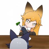 Rule 34 | 2girls, animal ears, animated, blonde hair, bow, bowtie, commentary request, dodging, extra ears, ezo red fox (kemono friends), food, fork, fox ears, frown, fur-trimmed sleeves, fur trim, gloves, kemono friends, long hair, looping animation, multiple girls, plate, silver fox (kemono friends), silver hair, taro (tontaro), vegetable, video, white background, white bow, white neckwear
