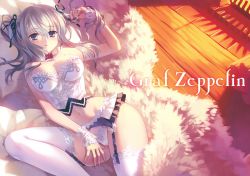 Rule 34 | 10s, 1girl, absurdres, bare shoulders, blush, bow, bowtie, breasts, carnelian, character name, collar, corset, frills, garter belt, garter straps, graf zeppelin (kancolle), hair ribbon, highres, kantai collection, lace, lace-trimmed legwear, lace trim, large breasts, light purple hair, lingerie, lying, navel, open mouth, panties, purple eyes, ribbon, solo, thighhighs, twintails, underwear, underwear only, white panties, white thighhighs, wrist cuffs