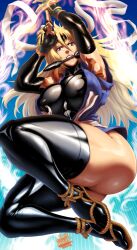 Rule 34 | 1girl, absurdres, arms up, ass, aura, black gloves, black sleeves, black thighhighs, blonde hair, blue eyes, blue kimono, breasts, commentary, covered erect nipples, detached sleeves, emphasis lines, english commentary, fingerless gloves, fingernails, forehead protector, full body, gloves, hagoromo, highres, japanese clothes, jumping, kimono, kuji-in, kunai, large breasts, long hair, looking at viewer, martial champion, mouth hold, ninja, pltnm ghost, racheal, sandals, shawl, shiny clothes, solo, thick thighs, thighhighs, thighs, weapon