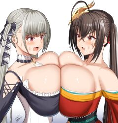 Rule 34 | 2girls, absurdres, ahoge, anger vein, asymmetrical docking, azur lane, bare shoulders, between breasts, bird mask, black hair, blush, breast contest, breast press, breasts, cleavage, clothing cutout, detached collar, formidable (azur lane), gekisum, grey hair, hair ribbon, highres, huge breasts, japanese clothes, kimono, mask, multiple girls, necktie, necktie between breasts, off shoulder, open mouth, red eyes, red kimono, red ribbon, ribbon, shoulder cutout, sweat, taihou (azur lane), twintails, two-tone dress, two-tone ribbon