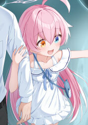 Rule 34 | 1boy, 1girl, absurdres, ahoge, bag, blue archive, blue eyes, blush, collarbone, cowboy shot, dress, hair between eyes, halo, heterochromia, highres, hino (2nd life), hoshino (blue archive), long hair, official alternate costume, open mouth, pink hair, pink halo, shoulder bag, smile, white dress, yellow eyes
