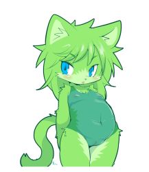 Rule 34 | blue eyes, cameltoe, cat, cleft of venus, flat chest, furry, green hair, one-piece swimsuit, open mouth, pussy, swimsuit, woory