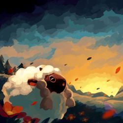 Rule 34 | commentary request, creatures (company), falling petals, flower, game freak, gen 8 pokemon, ghostpokemon94, grass, highres, hill, nintendo, no humans, petals, pokemon, pokemon (creature), red flower, scenery, sunset, tree, wooloo