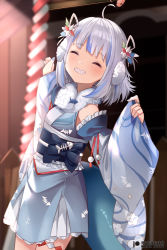 Rule 34 | 1girl, ahoge, blue hair, blue nails, blush, closed eyes, commentary request, cowboy shot, detached sleeves, facing to the side, facing viewer, gawr gura, gawr gura (new year), grin, hair ornament, hands up, hololive, hololive english, japanese clothes, kimono, long sleeves, medium hair, mujinbensin, multicolored hair, nail polish, obi, print kimono, sash, silver hair, sleeves past wrists, smile, solo, standing, streaked hair, virtual youtuber, white kimono