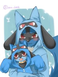 black_fur black_hair blue_fur blush closed_mouth creatures_(company) evolutionary_line furry game_freak gen_4_pokemon hood hoodie looking_at_viewer lucario nintendo pokemon pokemon_(creature) red_eyes riolu smile tail uuu_zrrk yellow_fur