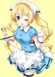 Rule 34 | 1girl, apron, aqua dress, blend s, blonde hair, blue dress, blue eyes, blush, buttons, collared dress, cowboy shot, dress, frilled apron, frills, gloves, hair between eyes, head scarf, highres, hinata kaho, holding, holding plate, incoming food, long hair, looking away, one eye closed, open mouth, parfait, plate, ruu (tksymkw), short dress, short sleeves, simple background, solo, stile uniform, thighhighs, tray, tsundere, twintails, uniform, v-shaped eyebrows, very long hair, waist apron, waitress, white apron, white gloves, white headwear, white thighhighs, wing collar, yellow background