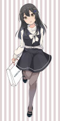 Rule 34 | 1girl, adapted costume, bag, belt, belt buckle, black dress, black footwear, black hair, blue bow, bow, brown eyes, buckle, commentary request, dress, full body, hair between eyes, hair bow, hair ornament, hairclip, head tilt, highres, holding, holding bag, kantai collection, leg up, long hair, long sleeves, looking at viewer, oyashio (kancolle), pantyhose, parted lips, pinafore dress, sleeveless dress, solo, standing, standing on one leg, striped, striped background, sweater, turtleneck, turtleneck sweater, vertical stripes, wasumi kei, white bow, white sweater