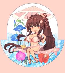 Rule 34 | 1girl, bikini, breasts, brown hair, cherry blossoms, chibi, cleavage, commentary request, flower, hair flower, hair ornament, kantai collection, kasumi (skchkko), large breasts, long hair, looking at viewer, official alternate costume, oil-paper umbrella, pink bikini, ponytail, red eyes, sitting, solo, swimsuit, umbrella, yamato (kancolle), yamato kai ni (kancolle)
