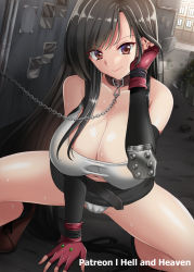 Rule 34 | 1girl, alley, breasts, brown eyes, brown hair, chain, chained, chain, cleavage, collar, animal collar, final fantasy, final fantasy vii, hellandheaven, highres, large breasts, navel, pet, skirt, slave, smile, spread legs, squatting, sweat, tank top, tifa lockhart