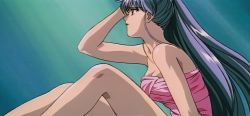 Rule 34 | 1990s (style), 1girl, breasts, cleavage, eyelashes, legs, lipstick, makeup, megami paradise, pink towel, retro artstyle, screencap, silver hair, solo, stashia, stitched, third-party edit, towel