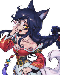 Rule 34 | 1girl, ahri (league of legends), animal ears, bare shoulders, bespectacled, black hair, braid, breasts, cleavage, detached sleeves, facial mark, fox ears, fox tail, glasses, hand up, korean clothes, large breasts, league of legends, long hair, looking at viewer, multiple tails, phantom ix row, round eyewear, smile, solo, tail, whisker markings, yellow eyes