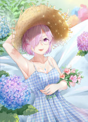 Rule 34 | 1girl, alternate costume, arm behind head, arm up, armpits, bare shoulders, blush, breasts, checkered clothes, checkered dress, cleavage, dress, fate/grand order, fate (series), flower, glasses, hair over one eye, hat, highres, hydrangea, jewelry, kongbai, light purple hair, looking at viewer, mash kyrielight, medium breasts, necklace, purple eyes, short hair, smile, solo, sun hat