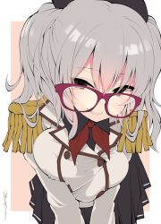 Rule 34 | 1girl, bespectacled, black eyes, breasts squeezed together, breasts, commentary request, cowboy shot, epaulettes, glasses, grey hair, highres, kantai collection, kashima (kancolle), leaning forward, long hair, long sleeves, looking at viewer, medium breasts, military, military uniform, pink background, pleated skirt, red-framed eyewear, sakakiba misogi, signature, skirt, solo, twintails, two-tone background, uniform, white background