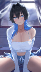 1girl absurdres black_hair blue_hair blue_shorts blush breasts camisole cleavage curtains hair_intakes highres hololive hololive_english huge_breasts indoors long_hair looking_at_viewer multicolored_hair navel ouro_kronii shorts solo two-tone_hair virtual_youtuber white_camisole window yoellim5