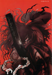Rule 34 | 1boy, absurdres, alucard (hellsing), black hair, blood, clenched hand, coat, gloves, gun, hair over one eye, handgun, hellsing, hellsing arms 13mm auto anti-freak combat pistol: jackal, highres, insignia, long hair, male focus, official art, overcoat, pistol, red coat, red eyes, red theme, scan, solo, torn clothes, vampire, weapon