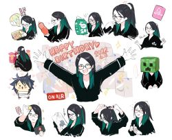 Rule 34 | 1girl, black hair, box, cardboard box, closed eyes, confetti, cosplay, creeper, creeper (cosplay), dated, glasses, green hair, hair ornament, hair scrunchie, happy birthday, highres, indie virtual youtuber, isuka, kson, minecraft, multicolored hair, open mouth, ponytail, real life, scrunchie, smile, souchou, two-tone hair, virtual youtuber