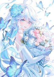 Rule 34 | 1girl, absurdres, bare shoulders, blue eyes, blue hair, dasha, detached sleeves, dress, flower, furina (genshin impact), genshin impact, highres, light blue hair, looking at viewer, open mouth, smile, solo, wedding dress