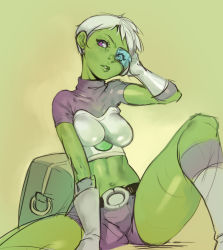 Rule 34 | 10s, 1girl, between legs, breasts, cheelai, colored skin, commentary, dragon ball, dragon ball super, english commentary, gloves, green-tinted eyewear, green background, green lips, green skin, hand between legs, hand up, head tilt, highres, looking at viewer, medium breasts, midriff, navel, norasuko, parted lips, purple eyes, scouter, short hair, short shorts, short sleeves, shorts, silver hair, sitting, sketch, skin tight, socks, solo, spread legs, tinted eyewear, very short hair, white gloves