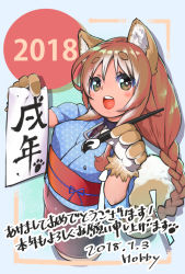 Rule 34 | 1girl, 2018, :d, akeome, animal ears, animal hands, artist name, bike shorts, blue background, blush, braid, brown hair, calligraphy brush, chinese zodiac, cowboy shot, cropped legs, dated, dog ears, dog tail, green eyes, happy new year, hobby (kento), holding, japanese clothes, kimono, long hair, looking at viewer, nengajou, new year, obi, open mouth, original, paintbrush, pantyhose, sash, short eyebrows, signature, single braid, smile, solo, tail, thick eyebrows, very long hair, year of the dog