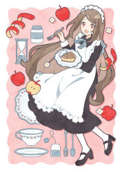 Rule 34 | 1girl, :d, apple, apron, black dress, black footwear, border, brown eyes, brown hair, commentary, cup, dress, fang, flower, flower (symbol), food, fork, frilled apron, frills, fruit, full body, halftone, hands up, highres, holding, holding fork, holding plate, hourglass, long dress, long hair, long sleeves, looking at viewer, maid, maid apron, maid headdress, nahara saki, open mouth, original, outside border, pantyhose, pink background, plate, red apple, saucer, shoes, skin fang, smile, solo, spoon, symbol-only commentary, teabag, teacup, very long hair, white apron, white border, white flower, white pantyhose