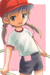 Rule 34 | 1girl, black shorts, border, brown eyes, child, female focus, hair bobbles, hair ornament, highres, looking at viewer, low twintails, missing tooth, open mouth, original, outside border, pafica, red headwear, shirt tucked in, shorts, signature, solo, twintails, white border