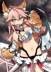 Rule 34 | 1girl, :d, altera (fate), altera (fate) (cosplay), animal ear fluff, animal ears, animal hands, bare shoulders, bell, breasts, cat ears, cat paws, cleavage, collar, cosplay, detached sleeves, fang, fate/grand order, fate (series), long hair, looking at viewer, navel, neck bell, negi (ulog&#039;be), open mouth, pink hair, smile, solo, tamamo (fate), tamamo cat (fate), tattoo, yellow eyes