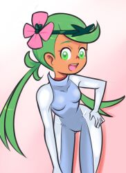 Rule 34 | 1girl, bodysuit, breasts, creatures (company), dark skin, diving suit, drantyno, flower, game freak, gradient background, green eyes, green hair, grey bodysuit, hair flower, hair ornament, hand on own hip, highres, leaning forward, long hair, looking at viewer, low twintails, mallow (pokemon), nintendo, open mouth, pink background, pokemon, pokemon sm, small breasts, smile, standing, teeth, twintails, wetsuit