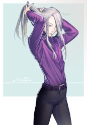 Rule 34 | 1boy, amg (nwmnmllf), belt, black pants, blue eyes, commentary request, grey background, hair tie, hair tie in mouth, hands up, long hair, long sleeves, male focus, mouth hold, pants, purple shirt, shirt, signature, silver hair, solo, standing, tying hair, viktor nikiforov, yuri!!! on ice