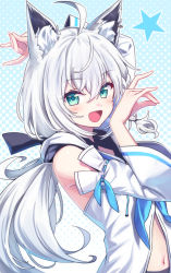 Rule 34 | 1girl, ahoge, animal ear fluff, animal ears, arm up, blue background, deadnooodles, detached sleeves, double fox shadow puppet, fox ears, fox girl, fox shadow puppet, green eyes, hair between eyes, hand up, highres, hololive, long hair, looking at viewer, low ponytail, navel, open mouth, polka dot, polka dot background, ribbon-trimmed sleeves, ribbon trim, shirakami fubuki, shirakami fubuki (1st costume), smile, solo, star (symbol), upper body, virtual youtuber, white hair