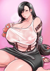 Rule 34 | 1girl, absurdres, belly, belt, black hair, blush, breasts, cleavage, clothes pull, covered erect nipples, curvy, earrings, fat rolls, final fantasy, final fantasy vii, gloves, highres, hip focus, huge breasts, jewelry, kakuzatou (satousatotototo), long hair, looking at viewer, mature female, navel, nipples, open mouth, panties, plump, puffy nipples, red eyes, see-through, seiza, shirt pull, sitting, skirt, solo, suspender skirt, suspenders, sweatdrop, thick lips, thick thighs, thighs, tifa lockhart, underwear, white panties