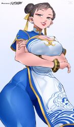 Rule 34 | 1girl, breasts, capcom, chun-li, cleavage, curvy, flytrapxx, highres, large breasts, smile, solo, street fighter, thick thighs, thighs, wide hips