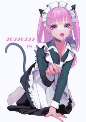 Rule 34 | 1girl, 786(nayam), animal ear fluff, animal ears, apron, arm support, bad id, bad pixiv id, blunt bangs, cat day, cat ears, cat tail, dated, dress, ear piercing, earrings, eyebrow piercing, eyebrows hidden by hair, highres, jewelry, long hair, long sleeves, maid, maid headdress, nail polish, original, paw pose, piercing, pink hair, purple eyes, simple background, sitting, solo, tail, tongue, tongue out, twintails, white background