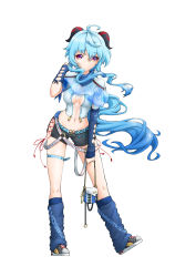 Rule 34 | 1girl, ahoge, alternate costume, bad id, bad pixiv id, bag, belt, black shorts, blue belt, blue hair, blue legwear, blue scarf, blue sleeves, breasts, character name, chinese commentary, clothes writing, clothing cutout, crop top, english text, floating hair, full body, ganyu (genshin impact), genshin impact, goat horns, groin, hand up, handbag, highres, horns, leaning to the side, long hair, looking at viewer, medium breasts, midriff, navel, no mouth, o-ring, purple eyes, royboy, scarf, shoes, short shorts, shorts, sidelocks, simple background, skindentation, sneakers, solo, stomach, thigh strap, tube socks, very long hair, wavy hair, white background, white belt, zipper pull tab