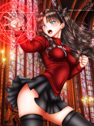 1girl :o absurdres black_skirt black_thighhighs blue_eyes breasts brown_hair church clenched_hand covered_navel cowboy_shot fate/stay_night fate_(series) fighting_stance hair_ribbon highres indoors long_hair magic_circle medium_breasts miniskirt open_hand open_mouth ouran396 pleated_skirt red_shirt ribbon shirt skirt solo taut_clothes taut_shirt thighhighs thighs tohsaka_rin turtleneck two_side_up zettai_ryouiki