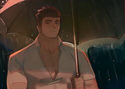 Rule 34 | 1boy, archived source, bad id, bad twitter id, bara, brown hair, brown theme, collared shirt, expressionless, highres, holding, holding umbrella, huge pectorals, long sideburns, male focus, muscular, muscular male, night, night sky, pectoral cleavage, pectorals, protagonist 3 (housamo), shirt, short hair, sideburns, sky, solo, thick neck, tokyo houkago summoners, tyou, umbrella, upper body