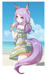 Rule 34 | 1girl, absurdres, animal ears, bare shoulders, beach, beads, bikini, blue sky, border, cloud, cloudy sky, commentary request, cowboy shot, ear ornament, frilled bikini, frills, from behind, green ribbon, highres, horse ears, horse girl, horse tail, long hair, looking at viewer, mejiro mcqueen (ripple fairlady) (umamusume), mejiro mcqueen (umamusume), multicolored bikini, multicolored clothes, off-shoulder bikini, off shoulder, official alternate costume, official alternate hairstyle, outdoors, ponytail, purple eyes, purple hair, ribbon, sand, scrunchie, sky, solo, strainofgwaro, swimsuit, tail, umamusume, water, white border, wrist scrunchie