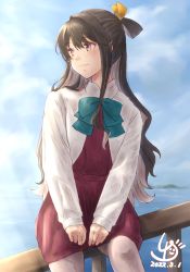 Rule 34 | 1girl, :3, black hair, bow, bowtie, commentary request, cowboy shot, green bow, green bowtie, half updo, halterneck, highres, kantai collection, ld (luna dial398), long hair, looking to the side, multicolored hair, naganami (kancolle), pantyhose, pink hair, purple pantyhose, red eyes, shirt, solo, two-tone hair, wavy hair, white shirt