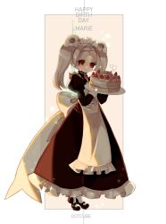 Rule 34 | 1girl, apron, birthday, birthday cake, bloody marie (skullgirls), brooch, cake, character name, dotcube, dress, food, frilled apron, frilled dress, frills, fruit, full body, grey hair, hair ornament, highres, jewelry, maid headdress, mary janes, plate, red eyes, shoes, skull hair ornament, skullgirls, smile, solo, standing, strawberry, strawberry shortcake, twintails