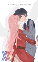 Rule 34 | 10s, 1boy, 1girl, black hair, commentary request, couple, crying, darling in the franxx, closed eyes, fringe trim, hair ornament, hairband, hand on another&#039;s face, hetero, highres, hiro (darling in the franxx), holding, holding mirror, long hair, military, military uniform, mirror, necktie, orange neckwear, pink hair, red neckwear, short hair, tears, uniform, user ufjd8885, white hairband, zero two (darling in the franxx)