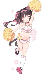 Rule 34 | + +, 1girl, ;d, animal ears, arm up, bare shoulders, black footwear, black hair, blade (galaxist), cat ears, cat girl, cat tail, cheerleader, choker, collarbone, commentary request, fang, floral background, full body, hairband, head tilt, highres, holding, kneehighs, long hair, microskirt, multiple tails, navel, nekoyama nae, one eye closed, one side up, open mouth, pink choker, pink hair, pink hairband, pom pom (cheerleading), shoe soles, shoes, short eyebrows, simple background, skirt, smile, socks, solo, standing, standing on one leg, tail, thick eyebrows, toranoana, two tails, virtual youtuber, white background, white skirt, white socks