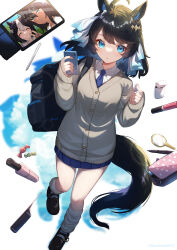 Rule 34 | 3girls, absurdres, ahoge, alternate costume, animal ears, bag, black hair, blue necktie, blue skirt, blush, breasts, cardigan, cellphone, closed eyes, closed mouth, collared shirt, commentary request, daring tact (umamusume), earphones, grey cardigan, hair ornament, highres, holding, holding phone, horse ears, horse girl, horse tail, looking at viewer, medium breasts, medium hair, multiple girls, necktie, parted lips, phone, pinponpaaru, pleated skirt, school bag, school uniform, shirt, simple background, skirt, sleeves past wrists, small breasts, special week (umamusume), standing, standing on one leg, symboli kris s (umamusume), tail, umamusume, white background, white shirt