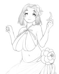 Rule 34 | 10s, 1girl, bad id, bad twitter id, bikini, breasts, collarbone, covered erect nipples, female focus, flower, greyscale, hair flower, hair ornament, hishigata, hisigata, holding, kantai collection, large breasts, lineart, looking at viewer, monochrome, sagging breasts, short hair, simple background, sketch, skindentation, smile, solo, swimsuit, tatsuta (kancolle), tongue, tongue out, unfinished, white background