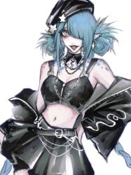 Rule 34 | 1girl, aegyo sal, alternate costume, aqua hair, aqua scarf, asymmetrical bangs, bare shoulders, belt, belt chain, black belt, black hat, black jacket, black skirt, braid, breasts, chain necklace, chinese commentary, cleavage, collarbone, commentary, cowboy shot, crop top, cropped jacket, detached collar, ear chain, earrings, eyelashes, forked tongue, hand on own hip, hat, hat ornament, highres, jacket, jewelry, long hair, looking at viewer, medium breasts, midriff, miniskirt, multiple necklaces, navel, necklace, off shoulder, path to nowhere, pointy ears, scales, scarf, serpent (path to nowhere), sidelocks, silver necklace, simple background, skirt, slit pupils, solo, star (symbol), star earrings, star hat ornament, straight-on, tilted headwear, tongue, tongue out, twin braids, very long hair, white background, white eyes, yu zhezhe