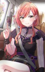 Rule 34 | 1girl, ahoge, arisugawa natsuha, between fingers, black shirt, black skirt, blush, breasts, brown eyes, car interior, closed mouth, collarbone, commentary request, day, earrings, hair between eyes, hand up, highres, holding, idolmaster, idolmaster shiny colors, jewelry, long hair, looking at viewer, orange hair, plaid, plaid skirt, seatbelt, see-through, see-through sleeves, shaka (staito0515), shirt, skirt, small breasts, smile, solo, striped clothes, striped shirt, vertical-striped clothes, vertical-striped shirt, very long hair