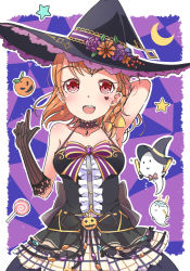 Rule 34 | 1girl, :d, arm behind head, arm up, black gloves, black hat, bow, bowtie, braid, brooch, candy, center frills, choker, collarbone, crescent, dress, earrings, elbow gloves, facial mark, flower, food, frills, ghost, gloves, glowstick, hair bow, halter dress, halterneck, hat, hat flower, heart, highres, index finger raised, jack-o&#039;-lantern, jewelry, lollipop, looking at viewer, love live!, love live! school idol festival, love live! sunshine!!, minamixdrops, open mouth, round teeth, short hair, side braid, smile, solo, star (symbol), striped bow, striped bowtie, striped clothes, striped gloves, striped neckwear, takami chika, teeth, upper teeth only, witch hat, yellow bow